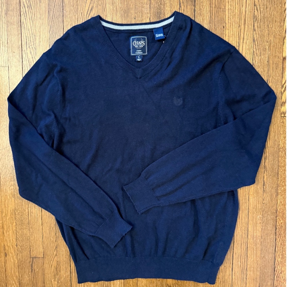 Chaps Mens Navy Blue Cotton Cashmere Blend V-Neck Sweater NWT Size L 631J1R